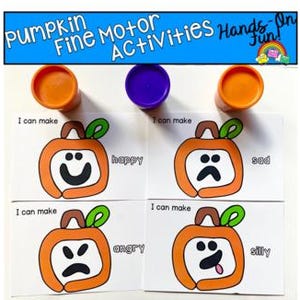 May include: A colorful educational activity set featuring pumpkin-themed fine motor activities. The set includes orange playdough containers, and cards with pumpkin faces displaying various emotions: happy, sad, angry, and silly. The text "Pumpkin Fine Motor Activities Hands-On Fun!" is displayed at the top.
