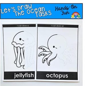 May include: Two black and white activity sheets for children. One sheet says "I can draw a jellyfish" and the other says "I can draw an octopus". The top banner reads "Let's Draw The Ocean Tasks Hands-On Fun".
