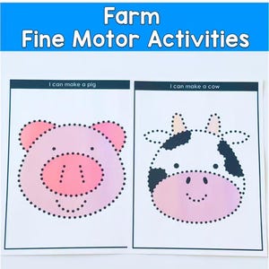 Pode incluir: Folhas de atividades educativas com o texto "Farm Fine Motor Activities". As folhas apresentam contornos de um porco e de uma vaca, projetados para rastreamento e desenvolvimento da motricidade fina. O porco é rosa e a vaca é branca com manchas pretas.