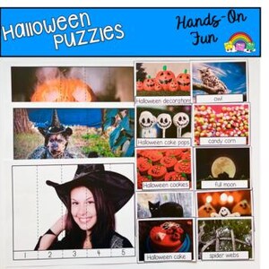 May include: A Halloween puzzle set featuring the text "Halloween Puzzles" and "Hands-On Fun." The set includes images of pumpkins, an owl, candy corn, and a witch. The puzzle pieces are numbered from 1 to 5.