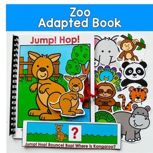 May include: An open "Zoo Adapted Book" with colorful illustrations of zoo animals. The book features a kangaroo, a monkey, a panda, a tiger, a sloth, a hippo, and a turtle. The text "Jump! Hop!" is visible on one page, and "Jump! Hop! Bounce! Bop! Where Is Kangaroo?" is on a separate card.