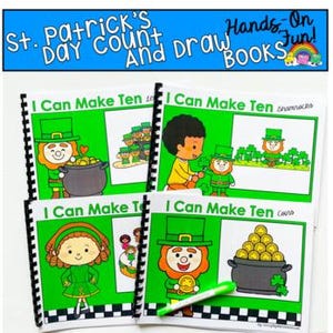 Può includere: Quattro libri "I Can Make Ten" a tema San Patrizio, con copertine verdi e rilegatura a spirale nera. Ogni libro presenta un leprecauno dei cartoni animati, un vaso d'oro o dei trifogli. Il testo "St. Patrick's Day Count and Draw" è in alto.