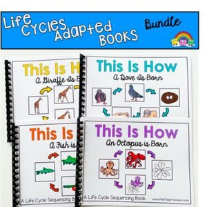 May include: A bundle of four spiral-bound educational books. Each book cover features the title "This Is How" followed by the subject: a giraffe, a dove, a fish, and an octopus. The books are designed for life cycle sequencing, with the text "Life Cycles Adapted Books Bundle" at the top.