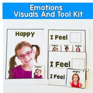 May include: A visual toolkit for emotions, featuring the words "Emotions Visuals And Tool Kit" at the top. The kit includes cards with the words "Happy", "Sad", and "Angry", along with corresponding images of children expressing those emotions.