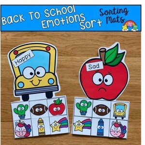 May include: Educational sorting mats for back to school, featuring a yellow school bus labeled "Happy" and a red apple labeled "Sad." Each mat has a set of matching emotion-themed images, including a cactus, football, apple, unicorn, crayon, and star.