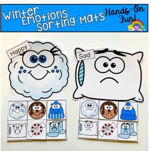 May include: Two "Winter Emotions Sorting Mats" with the words "Happy" and "Sad" above cloud and pillow shaped illustrations. Each mat has six matching images below. The mats are white, blue, brown, and red.