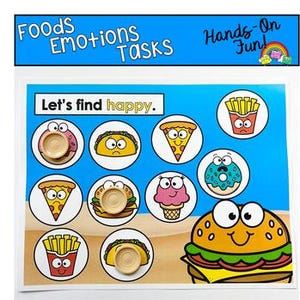 May include: A colorful educational game with the text "Foods Emotions Tasks" and "Hands-On Fun!". The game board features illustrations of various foods with corresponding emotional expressions, including a burger, pizza, and fries. The phrase "Let's find happy" is also displayed.