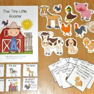 Puede incluir: Un libro infantil titulado "The Tiny Little Rooster" con encuadernación en espiral, que presenta una ilustración de un granjero de dibujos animados y un granero. Acompañan al libro recortes de animales de granja y tarjetas de palabras a juego.