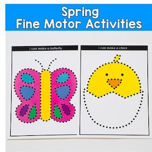 Pode incluir: Duas folhas de atividades com o texto "Spring Fine Motor Activities". Uma mostra um contorno de borboleta com secções rosa, azul e roxa. A outra mostra um pintinho amarelo saindo de um ovo. Ambas têm linhas pontilhadas.