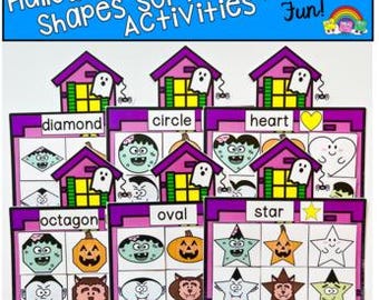 May include: A Halloween-themed educational activity set featuring various shapes like diamonds, circles, hearts, octagons, ovals, and stars. Each shape has corresponding images of Halloween characters and objects. The text "Halloween Shapes Sort Activities Hands-On Fun!" is displayed at the top.