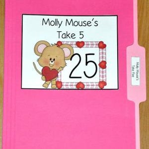 May include: A vibrant pink file folder labelled "Molly Mouse's Take 5". The folder displays a cartoon mouse holding a heart, with the number 25 framed by hearts. A smaller label repeats the title.