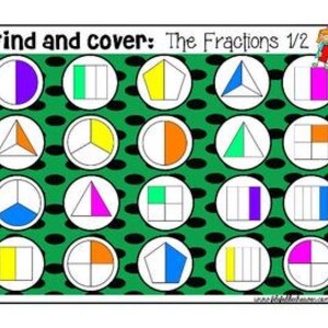 Könnte beinhalten: Ein farbenfrohes Lernspielbrett mit dem Text "Find and Cover: The Fractions 1/2". Das Brett zeigt ein Raster aus weißen Kreisen, die jeweils einen Bruch darstellen, der durch eine farbige Form dargestellt wird. Der Hintergrund ist grün mit schwarzen Punkten.