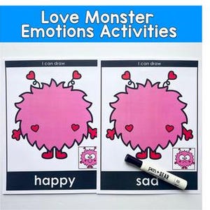 May include: Two activity sheets with a pink monster illustration and the words "happy" and "sad". The sheets are labeled "Love Monster Emotions Activities" at the top. A black marker is on the right sheet.