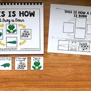 May include: A life cycle sequencing book and worksheet titled "This Is How A Frog Is Born." The book and worksheet show the frog life cycle with illustrations of a tadpole, eggs, and a frog. The book and worksheet are on a wooden surface.