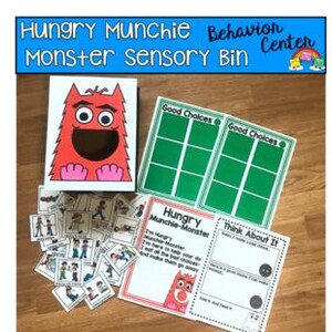 Puede incluir: Un kit de caja sensorial con el texto "Hungry Munchie Behavior Center Monster sensory Bin". El kit incluye una caja roja con temática de monstruos, tarjetas con ilustraciones y gráficos verdes y blancos con el texto "Good Choices".