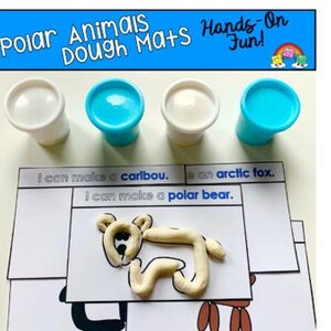 May include: A set of Polar Animals Dough Mats with four small containers of white and blue dough. The image shows a polar bear made of dough on a printed mat with the text "I can make a polar bear."