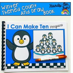 May include: A spiral-bound "Winter Themed Count And Draw Book" with the text "I Can Make Ten penguins." The cover features a cartoon penguin and a drawing of ten penguins. An orange pen rests on the page.