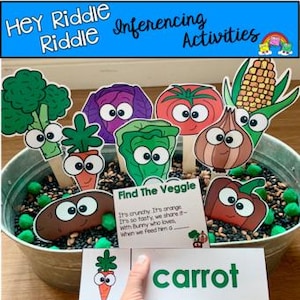 May include: A metal container filled with various cartoon vegetable cutouts, including broccoli, cabbage, a tomato, an onion, corn, a carrot, and a pepper. The text "HEY Riddle Riddle Inferencing Activities" is at the top. A card reads "Find The Veggie" with a riddle about a carrot.