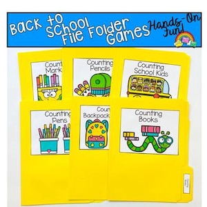 May include: Six yellow file folders with educational game labels are displayed. The labels read "Count Mark," "Counting Pencils," "Counting School Kids," "Counting Pens," "Counting Backpack," and "Counting Books." A banner at the top says "Back to School File Folder Games Hands-On Fun!"