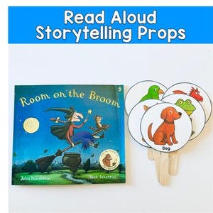 Objetos de la historia de La habitación de la escoba: conjunto de personajes de brujas y animales