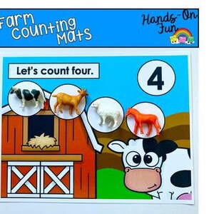 May include: A colorful educational mat with the text "Farm Counting Mats" and "Hands-On Fun." The mat features a barn illustration, the number 4, and toy farm animals: a cow, horse, goat, and sheep. The text "Let's count four" is also present.