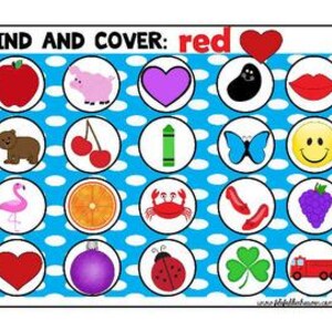 Può includere: Un grafico educativo colorato con il testo "FIND AND COVER: red". Il grafico presenta varie immagini all'interno di cerchi bianchi, tra cui una mela rossa, un cuore e un'autopompa, su uno sfondo blu a pois.