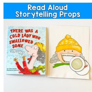 May include: Two items are displayed: a children's book titled "There Was a Cold Lady Who Swallowed Some Snow!" and a drawing of a smiling person wearing a yellow hat and scarf. The book cover features an illustration of a woman with a long nose and red clothing.