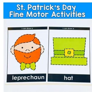 Könnte beinhalten: Zwei St. Patrick's Day Feinmotorik-Aktivitätskarten. Eine Karte zeigt ein Leprechaun-Gesicht mit orangefarbenem Bart und grüner Fliege. Die andere Karte zeigt einen grünen Hut mit goldener Schnalle. Die Texte "Leprechaun" und "Hut" stehen darunter.
