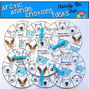 May include: A set of educational Arctic Animals Emotions Tasks. The image shows several white circular cards with illustrations of arctic animals, such as polar bears, narwhals, and reindeer, each depicting different emotions. The text "Arctic Animals Emotions Hands-On Tasks Fun" is at the top.