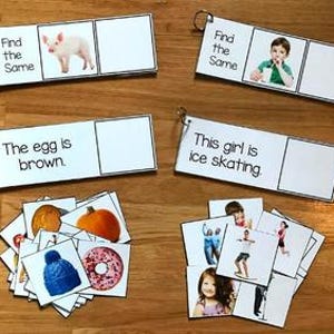 Può includere: Flashcard educative con testo e immagini. Le carte includono frasi come "Trova lo stesso" e "L'uovo è marrone". Le immagini includono un maiale, un ragazzo, una zucca, una ciambella e persone che pattinano sul ghiaccio.