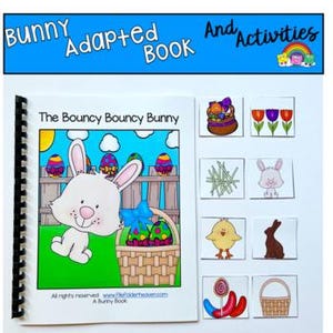 May include: A spiral-bound "Bunny Adapted Book" with the title "The Bouncy Bouncy Bunny" on the cover. The cover features a cartoon bunny, a basket of Easter eggs, and a wooden fence. Accompanying the book are several small picture cards.