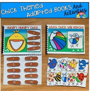 May include: A collection of educational materials with a chick theme. Includes two spiral-bound books, one titled "Hungry Hungry Chick" and the other "Which Chick Will Hatch?" Also features number cards and chick illustrations for interactive learning.
