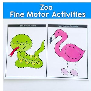 May include: Two activity sheets with the text "Zoo Fine Motor Activities." One sheet shows a green snake with a red tongue, and the other shows a pink flamingo. Both have dotted lines for tracing.