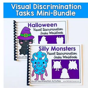 May include: Two spiral-bound workbooks titled "Halloween" and "Silly Monsters." The "Halloween" workbook features a black cat wearing a purple witch hat. The "Silly Monsters" workbook displays a blue monster with horns. Both books are part of a "Visual Discrimination Tasks Mini-Bundle."