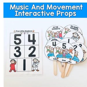 May include: Educational interactive props for music and movement. The image shows a set of circular props with monkey illustrations and numbers, along with a card featuring numbers 1-5. The text on the props includes "All the Monkeys!" and "No More Monkeys!"