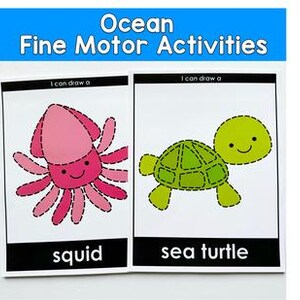 Op de afbeelding: Twee educatieve kaarten met de tekst "Ocean Fine Motor Activities". Eén kaart toont een roze inktvis met het woord "squid" eronder. De andere kaart toont een groene zeeschildpad met het woord "sea turtle" eronder. Beide kaarten hebben de tekst "I can draw a" boven de illustraties.