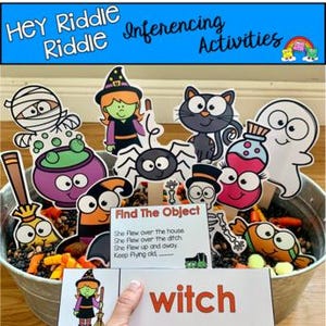 May include: A metal tub filled with Halloween-themed cutouts, including a witch, spider, cat, and ghost. The image includes the text "HEY Riddle Riddle Inferencing Activities" and "Find The Object". A hand holds a card that says "witch".