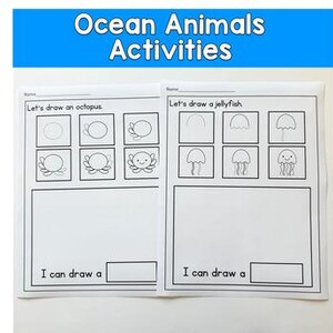 Puede incluir: Dos hojas de actividades blancas con el texto "Ocean Animals Activities". Una hoja tiene pasos para dibujar un pulpo, la otra una medusa. Cada hoja tiene un espacio para escribir "I can draw a".