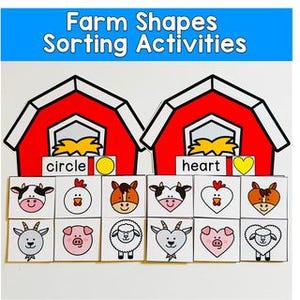 May include: A colorful educational game with the text "Farm Shapes Sorting Activities." The game features two red barn cutouts with hay inside, and cards with farm animal faces in various shapes like circles and hearts.