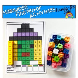 May include: A Halloween fine motor activity set. The image shows a worksheet with a witch design and a container of colourful connecting cubes. The worksheet has the text "Build A Witch" and "How Many Blocks Do I Need?" The banner at the top reads "Halloween Fine Motor Activities Hands-On Fun!"