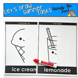 Op de afbeelding: Twee witte pagina's met zwarte contouren van een ijsje en een glas limonade, met de woorden "ice cream" en "lemonade" eronder. Een rode whiteboardmarker ligt over de pagina's. De tekst "Let's Draw Summer Tasks Hands-On Fun!" staat bovenaan.