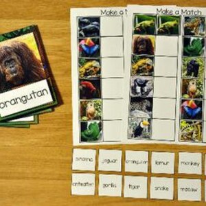 May include: Flashcards featuring an orangutan and the word "orangutan". A "Make a Match" game sheet and animal name cards are on a wooden surface. The game includes images of various animals for matching. Educational and fun.