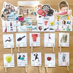 Może przedstawiać: Edukacyjne fiszki z obrazkami przedstawiającymi ludzi, miejsca, rzeczy i czynności. Karty są trzymane przez drewniane spinacze do prania. W górnym rzędzie znajduje się rodzina, biblioteka, koszykówka i dziecko jedzące arbuza.
