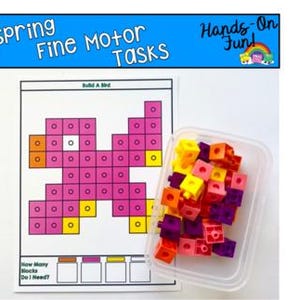 May include: A white sheet with a pixelated bird design and the text "Build A Bird". A clear plastic container holds colorful blocks in shades of pink, yellow, orange, and purple. The text "Spring Fine Motor Tasks" is at the top.