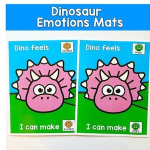 May include: Two educational mats with dinosaur illustrations. Each mat features a pink triceratops with different facial expressions, labeled "Dino feels." One mat shows "excited," the other "angry." Text at the bottom reads "I can make."