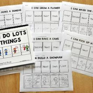 May include: A collection of printed pages and a spiral-bound book titled "I Can Do Lots of Things." The pages feature line drawings and text prompts like "I Can Make a Sundae" and "I Can Grow a Flower." The book and pages are on a wooden surface.