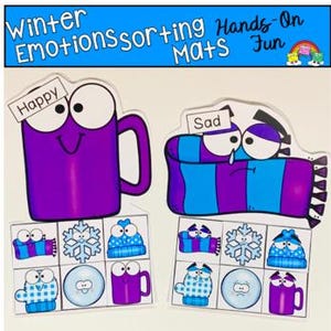 May include: A set of educational sorting mats with winter-themed illustrations. The mats feature a purple mug labeled "Happy" and a purple and blue scarf labeled "Sad." Below are matching images of winter items like snowflakes and hats.