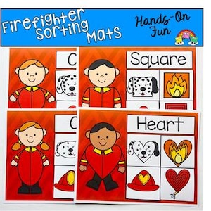 May include: A set of "Firefighter Sorting Mats" with the text "Hands-On Fun". The mats feature cartoon firefighters, a Dalmatian, a fire, a heart, a fire hat, and geometric shapes. The background is white and blue.