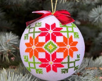 Hand-Embroidered Christmas Ornament | Ukrainian Cross-Stitch | Folk Pattern | Christmas Ball