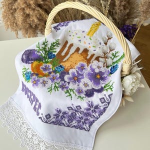 Hand Embroidered Beaded Easter Basket cover Towel, Ukrainian Folk Art